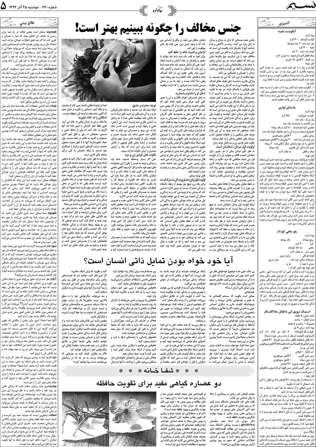 صفحه خانواده روزنامه نسیم شماره 740